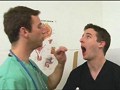 Two doctors mess around in the exam room.
