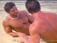 Nasty blow jobs given by 2 hot studs on a beautiful beach