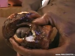 Black stud marturbating with big fat and creamy donuts