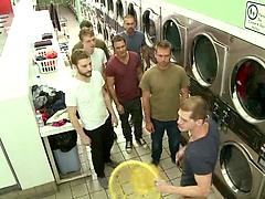 Rude punk gets gangbanged and shoved in the dryer at the laundromat