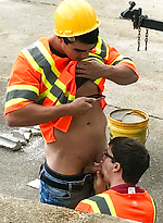 Two workers engage in a gay session where Axel sucks Will's dick