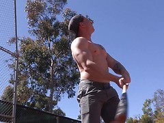 Hot muscled straight baseball player Jeremy shows his skills with baseball bat and boner