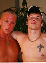Blonde twink Riley deepthroats and blows brunette stud Denny's hard dick